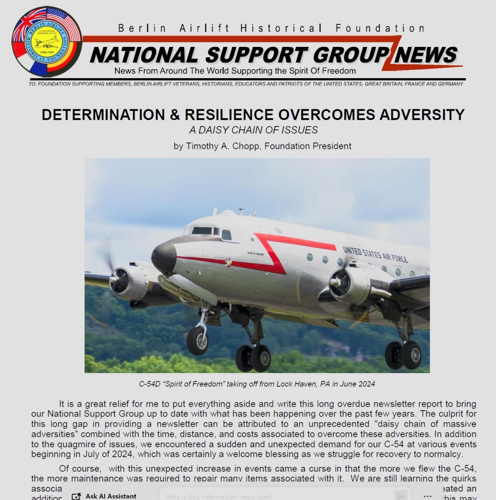 Screenshot of newsletter for Berlin Airlift Historical Foundation.